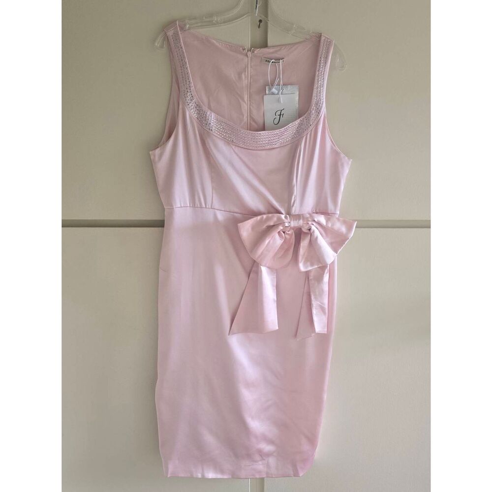 Fehaute Pale Pink Slvls Sheath Midi Dress 3D Bow, Rhinestone Trim - Sz. 12, NWT